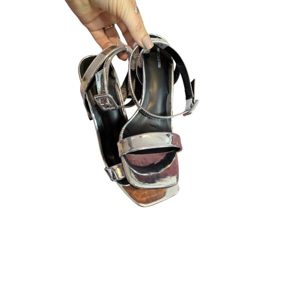 PrettyLittleThing Silver Metallic Ankle Strap Square Toe Block Heels Size 4 - Picture 2 of 8